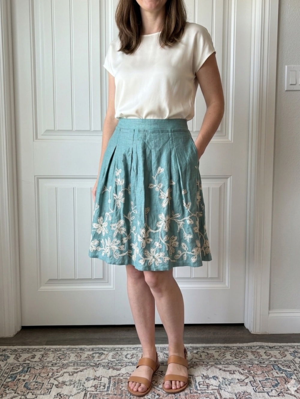 Talbots Teal Floral Embroidered Circle Skirt